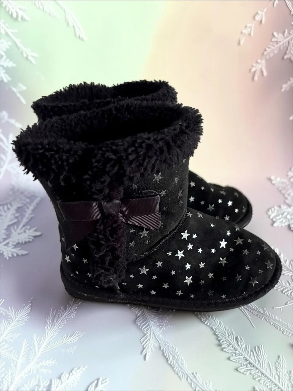 Lily & Dan Black Toddler Girls Star Print Faux‑Suede Winter Boots Size 11/12 EUC